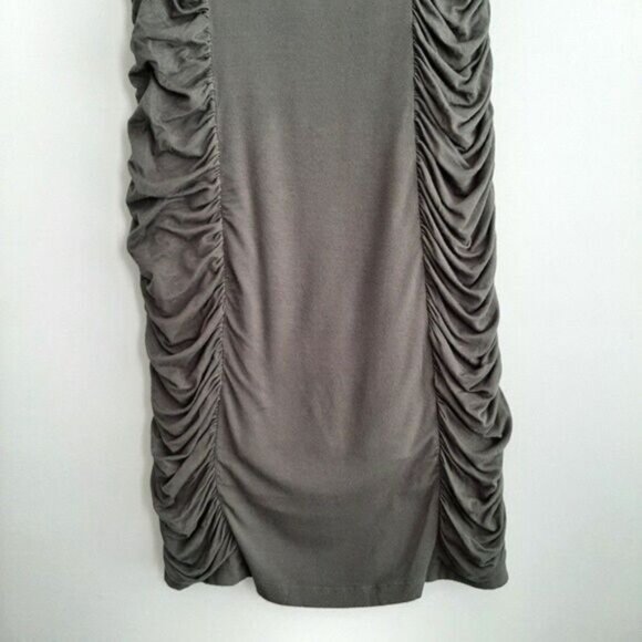 BIANCA NYGÅRD / Soft Bodycon Midi Dress Ruched Stretch Olive Green Sz 14 - Picture 6 of 9